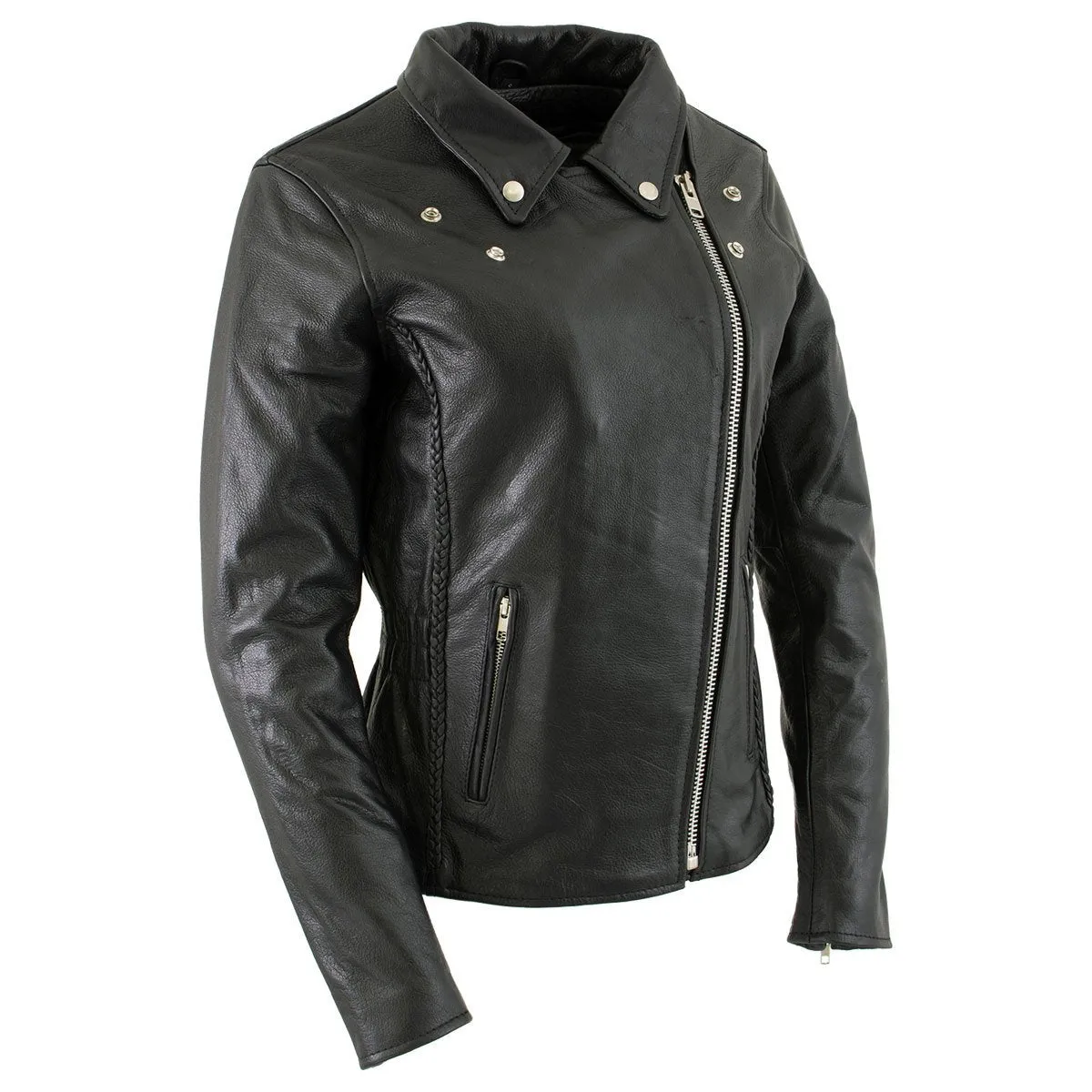 Xelement B8000 Black Motorcycle Leather Jacket for Women - Ladies Real Genuine Leather Biker Coat